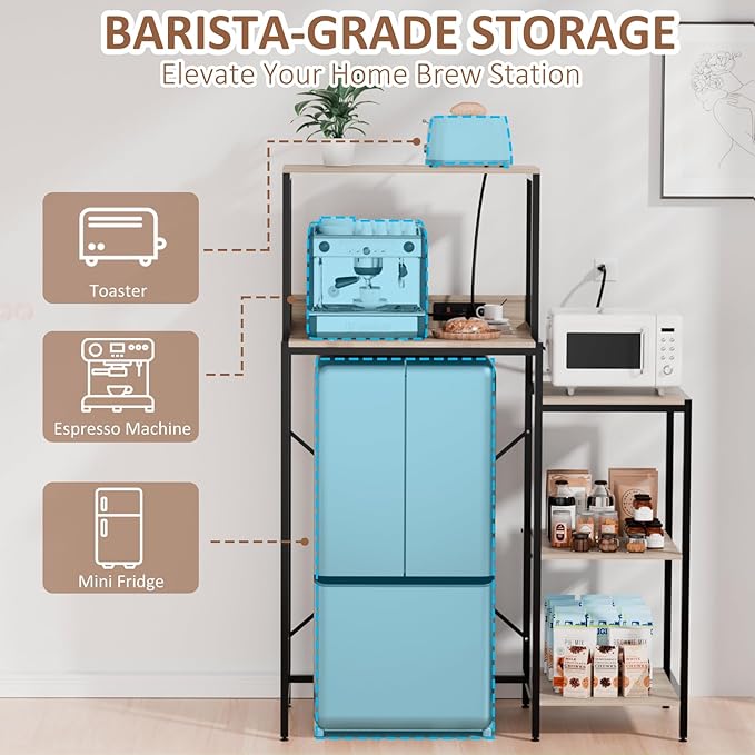 Mini Fridge and Microwave Stand over Refrigerator Storage Shelf with Power Outlet, 5 Tiers Adjustable Bakers Rack Cabinet Coffee Bar Appliance Storage Organizer for Dorm Office Kitchen, Gray