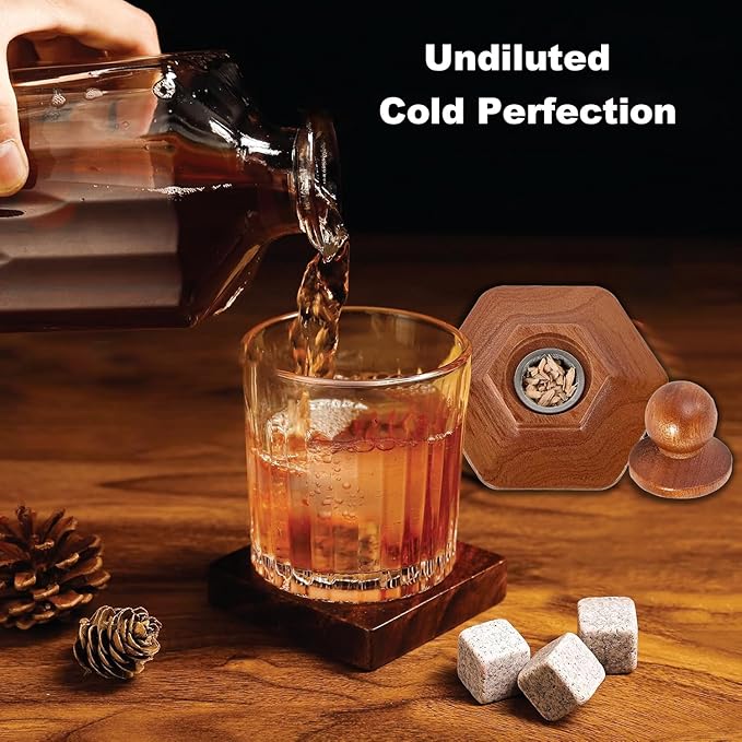 Whiskey Smoker Kit with Torch – 12 Natural Wood Chips, Ice Ball Molds, Cocktail Drink Smoker Infuser Set, Old Fashioned Smoker for Whiskey, Bourbon Gift for Men, Husband, Dad, Him
