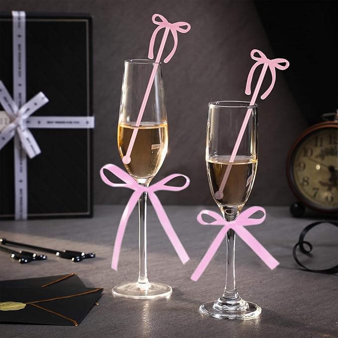 30 Pcs 6 Inch Bow Drink Stirrers, Bow Stir Sticks Coffee Stirrers Reusable Plastic Swizzle Sticks for Wedding Birthday Bridal Cocktail Decorations Supplies (Rose Gold)