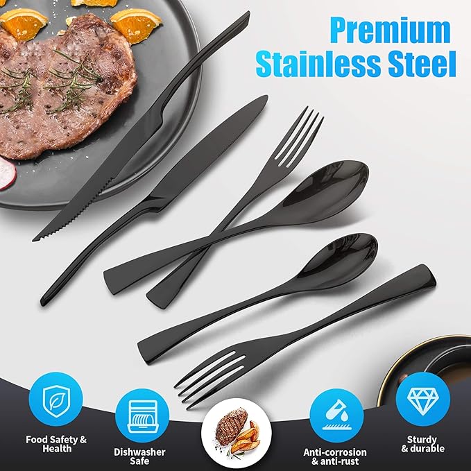 Lemeya 24-Piece Black Silverware Set with Steak Knives,Forged 18/10 Stainless Steel Cutlery Set for 4,Modern Heavy Duty Flatware Utensils Set,Fork Spoon and Knives Set, Mirror Polished,Dishwasher Safe