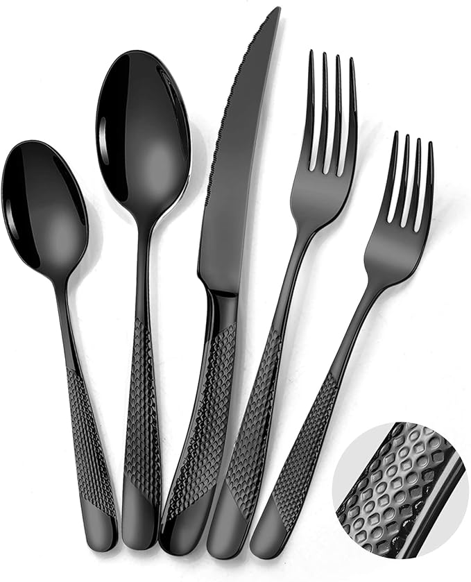 Lemeya 40-Piece Hammered Black Silverware Set for 8 with Serrated Forging Knives,18/10 Stainless Steel Modern Flatware Set,Unique Cutlery Set Spoons and Forks Set,Mirror Polished,Dishwasher Safe