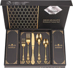 Retro Royal Gold Silverware Set With Gift Box, 60-Pieces Cutlery Set Utensils Stainless Steel Flatware For 12 MIKIWAY Kitchen Tableware Set For Gifts Festive, Dishwasher Safe, Mirror Polishing