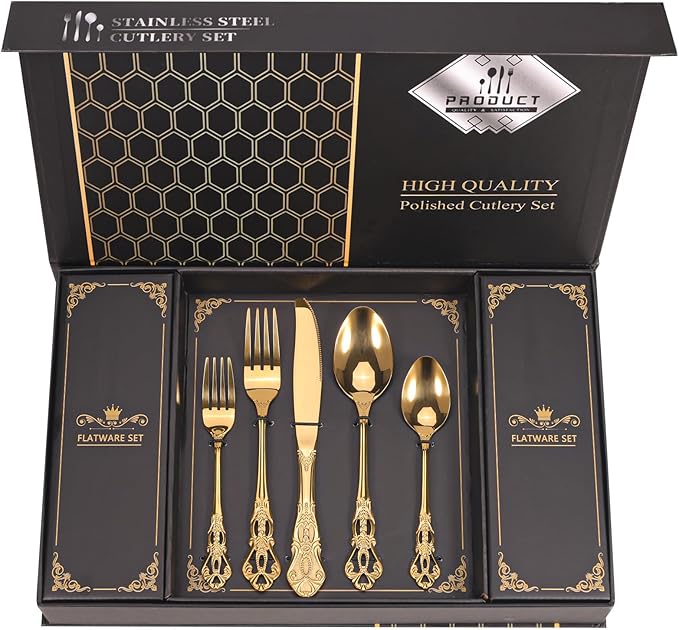 Retro Royal Gold Silverware Set With Gift Box For 8 Cutlery Set Utensils Stainless Steel Flatware 40 Pieces MIKIWAY Kitchen Tableware Set For Gifts Festive, Dishwasher Safe, Mirror Polishing
