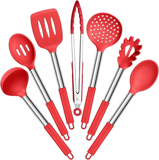 E-far Silicone Cooking Utensils Set, 7 Pcs Heat Resistant Kitchen Utensils with Stainless Steel Handle, Slotted Turner, Spoon, Soup Ladle, Pasta Server, Skimmer, Tongs for Nonstick Cookware, Red