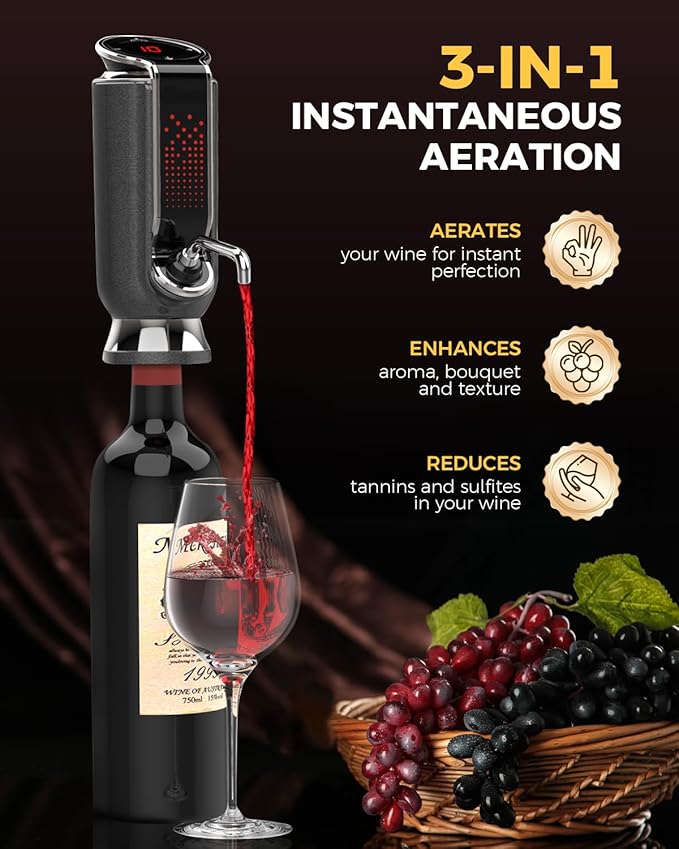 Luxurious 3-in-1 Electric Wine Aerator, Decanter, Dispenser & Vacuum Pump. Touch Screen LED Display - Wine Preservation System with Temp Monitor, Gift for Wine Lovers Women Men (Black/Silver)