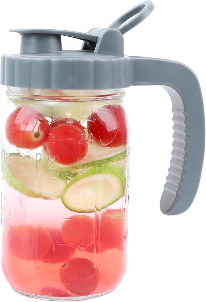 Mason Jar Pitcher 32 OZ Glass Pitcher With Pour Spout Lids Airtight Leak Proof 1 Quart Wide Mouth Water Pitcher With Handle And Flip Cap For Iced Tea, Milk, Sun Tea, Lemonade,Juice, Iced Coffee
