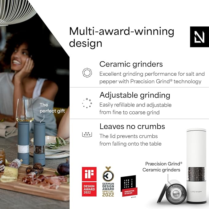 LARS NYSØM Salt and Pepper Grinder Set 2 pieces I Salt Pepper Mill with Adjustable Ceramic Grinder I Design Spice Grinder Set Manual (Pure White)