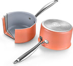 Nonstick Ceramic Saucepan 2.5 Qt,Sauce Pot with Strainer Lid,Two Side Spouts for Easy Pour with Ergonomic Handle,Non Toxic,PTFE &PFOA Free - Oven Safe Compatible with All Stovetops,Perracotta