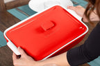 Stoneware Casserole Dish Bakeware Set with Lid, Covered Rectangular Dinnerware, Large 3.2 Quart, 11 by 9 Inch, Rosso [Red]
