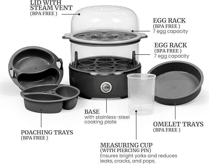 Elite Gourmet EGC1215B Easy Egg Cooker, Stainless-steel Heating Plate, Two-Tiered, 14-Egg Capacity, Soft, Medium, Hard-Boiled, Auto Shut-Off, Omelets, Poached Eggs, Measuring Cup, Piercing Pin, Black