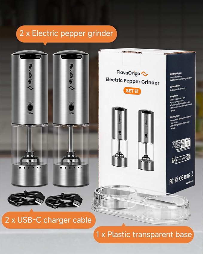 USB-C Rechargeable Electric Salt & Pepper Grinder Set - External Adjustable Coarseness (6 Settings), Large Capacity, Dual-Speed Control, One-Hand, LED, Stainless Steel (2 Pack)