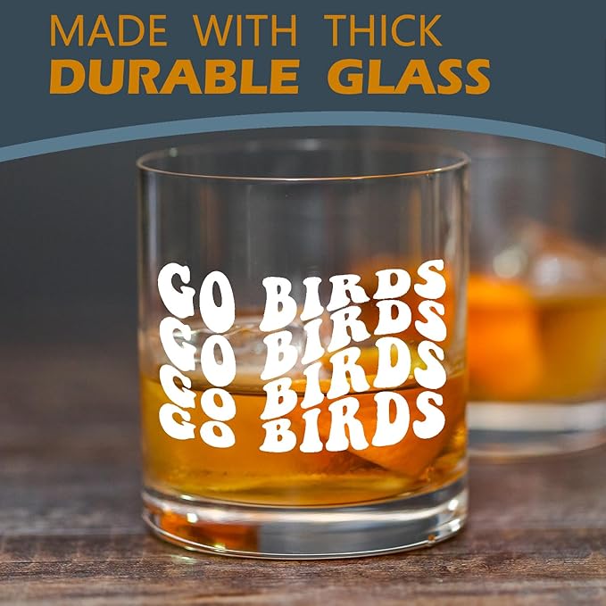 kunlisa Trendy Groovy Go Birds Whiskey Glasses, Football Gifts for Football Fans Lovers Players, 10 oz Drinking Rocks Glasses for Women Men Whisky Cocktail Scotch Bourbon Liquor