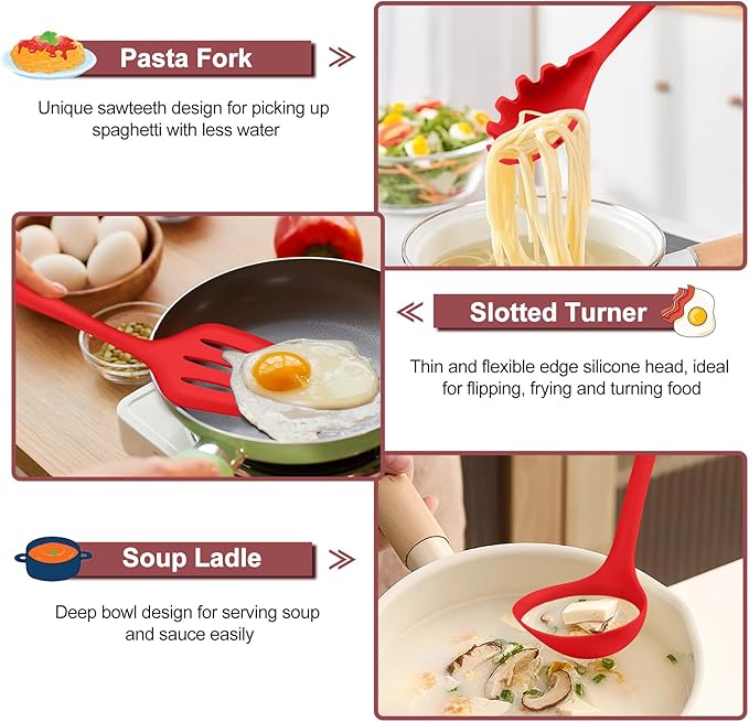 TeamFar Kitchen Utensils, 7 PCS Silicone Cooking Baking Utensil, Non-Stick Kitchen Gadgets with Ladle Spatula Spoon Turner Pasta Server, Non-Toxic & One Piece, Heat Resistant & Dishwasher Safe-Red