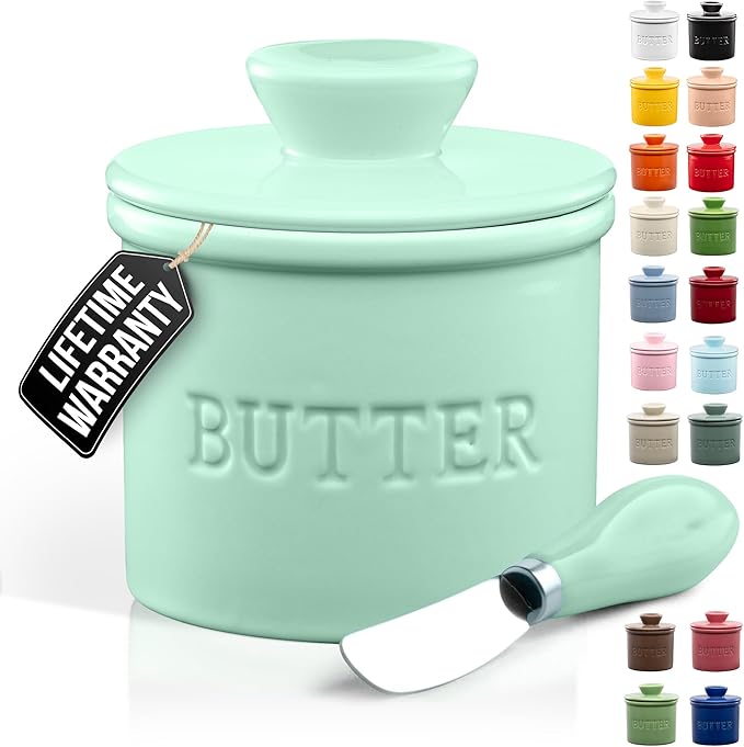 Zulay Kitchen Porcelain Butter Crock With Lid & Knife - Authentic French Butter Dish For Fresh & Spreadable Butter - Mint