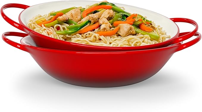 KooK Stir Fry Bowl, Wok Dish, Classic Thai, Ceramic Mini Wok, Stoneware Serving Bowls, For Soups and Pastas, Oven, Dishwasher and Microwave Safe, Cherry Red, 40 oz, Set of 2