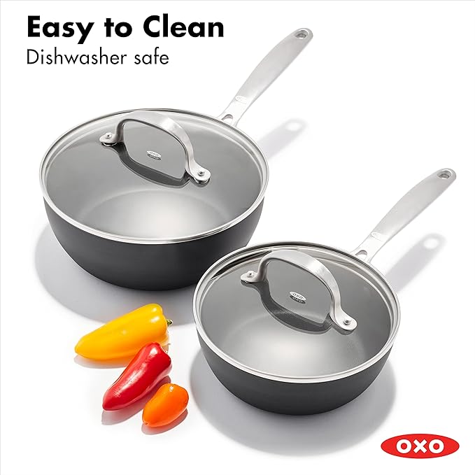 OXO Good Grips Pro 1QT and 2QT Saucepan Pot Set with Lids, 3-Layered German Engineered Nonstick Coating, Stainless Steel Handles, Black