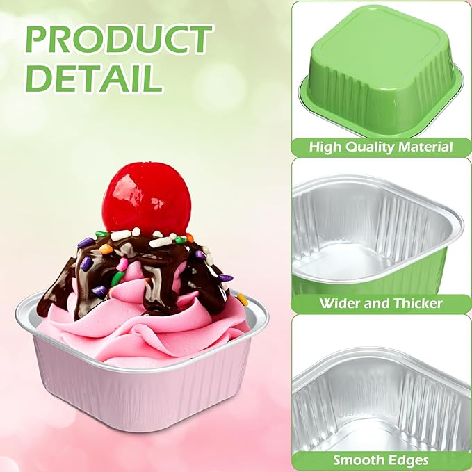 Aoriher 150 Pieces 10 oz Mini Cake Pans with Lids Aluminum Foil Baking Cups Square Disposable 4" x 4" Large Cupcake Cups Baking Tins for Kitchen Brownie Pudding Desserts Holders(Pink Blue Green)