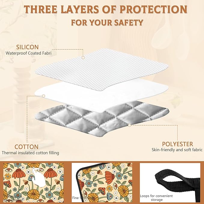 Mushroom Retro Psychedelic Floral Pot Holders Set of 2 Heat Resistant Potholders,Fire Oven Hot Pads for Kitchen Cooking Baking Barbecue