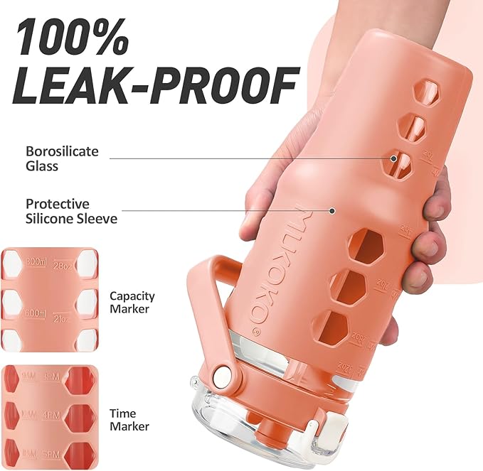 MUKOKO 32 oz Glass Tumbler with Straw,Glass Water Bottles with Time Marker,Iced Coffee Cup with Silicone Sleeve,Motivational Drinking Bottles,Leakproof-Coral Pink