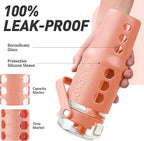 MUKOKO 32 oz Glass Tumbler with Straw,Glass Water Bottles with Time Marker,Iced Coffee Cup with Silicone Sleeve,Motivational Drinking Bottles,Leakproof-Coral Pink