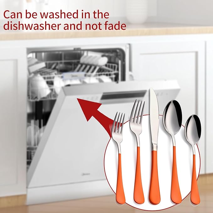 20-Piece Orange Silverware Set 18/0 Stainless Steel Flatware Orange Handle Cutlery Set Service for 4 Dinner Knives Forks Spoons Set Mirror Finish Dishwasher Safe
