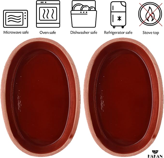 Hakan Bergama Handmade Oval Clay Pan Set of 2 | Terracotta Pans Glazed Inside | Casserole Dishes for Oven Baking | Traditional Earthenware Clay in Box, Large, 6.2 x 11.6 x 1.5-inch 25.3 Oz (750 cc)