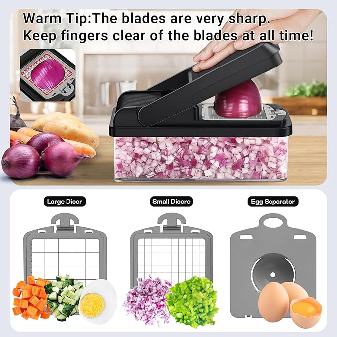 12-in-1 Vegetable Chopper, Kitchen Gadgets with 7 Blades, Veggie, Food, Onion Chopper, Cucumber Slicer, Versatile Mandoline, Includes Egg Separator & Finger Guard, Gray
