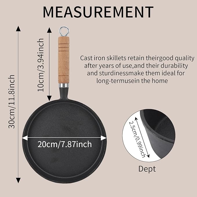 Cast Iron Skillet, 20cm Non Stick Frying Pan, Cast Iron Cookware for Restaurant Hotel Household Kitchen Use Dishwasher Safe, Oven Safe (20cm/7.87in)