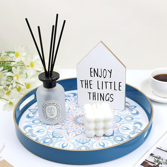 Round Blue Decorative Tray for Coffee Table, Ottoman, 13” Plastic Serving Platter Tray with Handles for Entertaining, Living Room