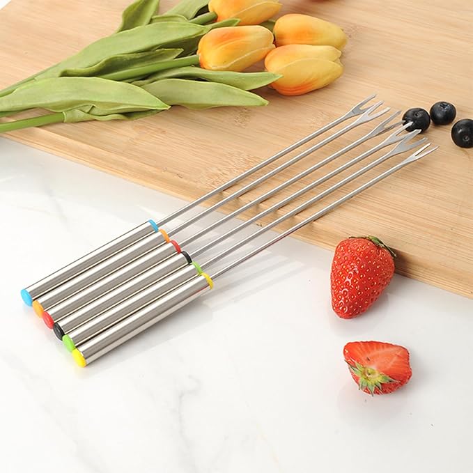 12Pcs Stainless Steel Fondue Forks, 6 Color Cheese Fondue Forks with Heat Resistant Handle, Smores Sticks for Chocolate Fountain Roast Marshmallows Dessert Fruits(9.5 Inch)