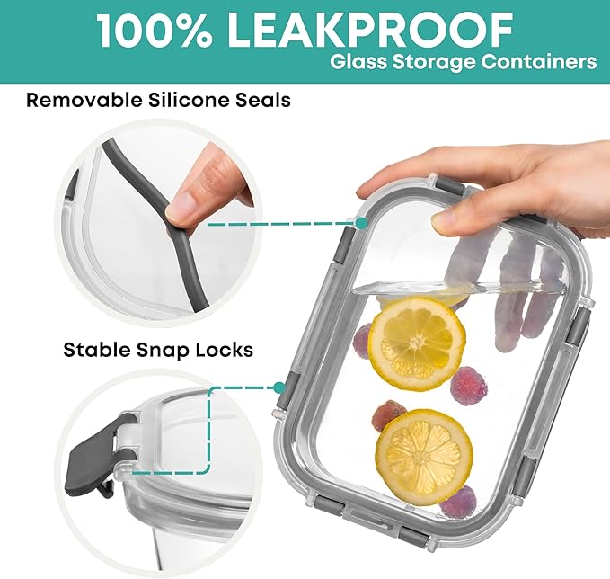 Razab 30 PC Glass Food Storage Containers with Lids - Reusable Glass Meal Prep Containers for Lunch & Leftovers - Airtight & Leakproof Snap Locking Lids - Oven, Freezer, Microwave & Dishwasher Safe