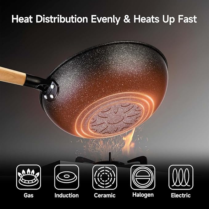 Non-Stick Wok with Steamer Basket,12 Inches Stir Fry Pans with Lid, Flat Bottom Pan Multifunctional Cookware Chinese Woks for Induction, Gas, Halogen