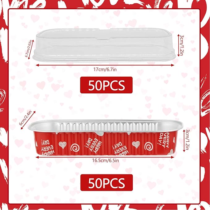 50 Pcs Valentine Mini Loaf Pans With Lids, 6.8oz Rectangle Aluminum Foil Baking Cups Muffin Tins Disposable Mini Cake Pans for Wedding Party Decoration Supplies