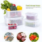 LUXEAR Fruit Vegetable Produce Storage Saver Containers with Lid & Colander 4 Packs BPA-Free Plastic Fresh Keeper Set | Refrigerator Fridge Organizer | for Salad Berry Lettuce Food Meat Fish Celery
