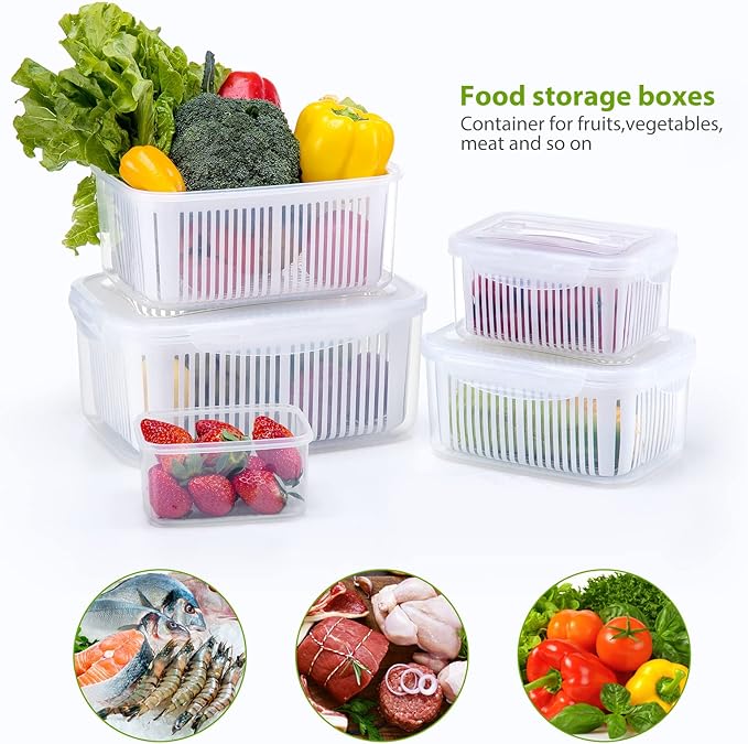 LUXEAR Fruit Vegetable Produce Storage Saver Containers with Lid & Colander 4 Packs BPA-Free Plastic Fresh Keeper Set | Refrigerator Fridge Organizer | for Salad Berry Lettuce Food Meat Fish Celery
