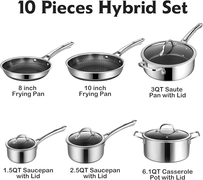 Non Stick Frying Pans Set, Hybrid Pans Set Nonstick (10 pcs), Pan for cooking, PFOA Free Kitchen set, Dishwasher and Oven-Safe Cookware Sets, Stainless Steel Skillets