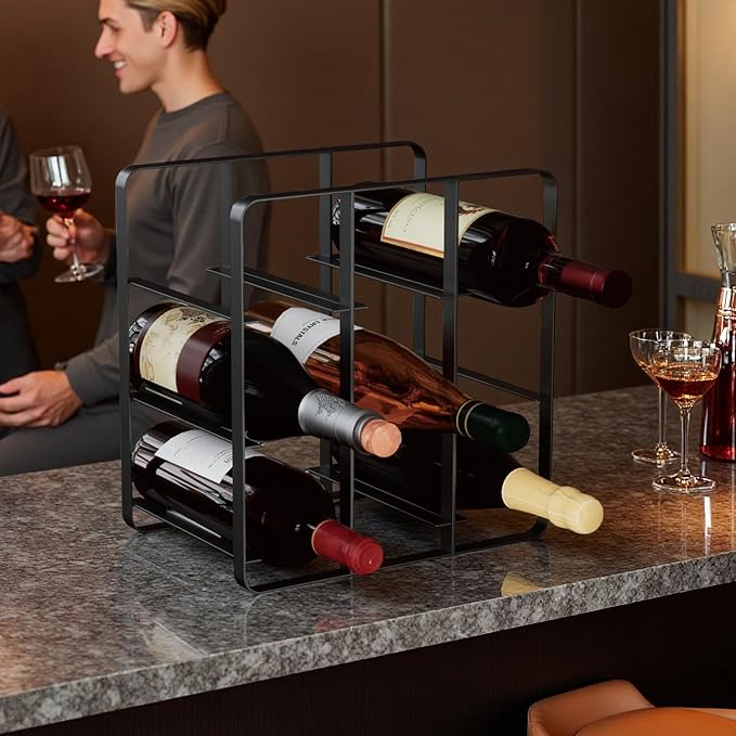 Buruis 9-Bottle Metal Wine Rack, Freestanding Holder Organizer for Red and White Wine, Kitchen Countertop, Pantry, No Assembly Required, Black