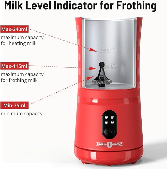 Milk Frother, Paris Rhône 4-in-1 Milk Steamer and Frother, Hot & Cold Foam Milk Warmer with Temperature Control, Auto Shut-Off Frothers for Coffee, Latte, Cappuccino, Macchiato