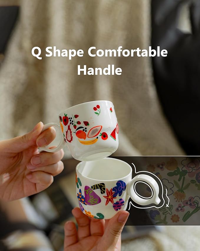 Ceramic Espresso Cups Set of 2 – Mini 3 oz Double Espresso Coffee Cups Small Espresso Shot Cups with Cute Q Handle, Gift for Coffee Lovers, Floral and fruit Patterns-White