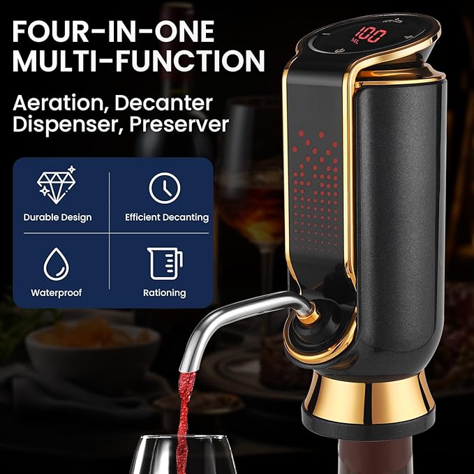 Luxurious 4-in-1 Electric Wine Aerator, Decanter, Dispenser & Vacuum Saver with LED Display - Wine Pourer Gift for Women and Wine Lovers