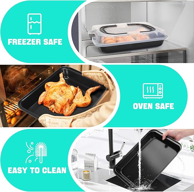 Cake Pan With Lid, 9x13 Inch Rectangular Cake Pan with Wide Handles, Nonstick Bakeware Baking Pan With Lid and Handle, Black