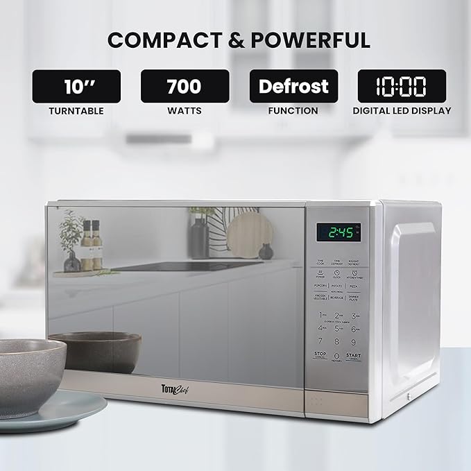 Total Chef 0.7 Cu Ft Microwave Oven - Stainless Steel Compact Style Microondas, Smart Countertop Kitchen Appliance With Digital Touch Use, Pre-Set Function, 10" Turntable, Easy To Use Horno, 700 watt