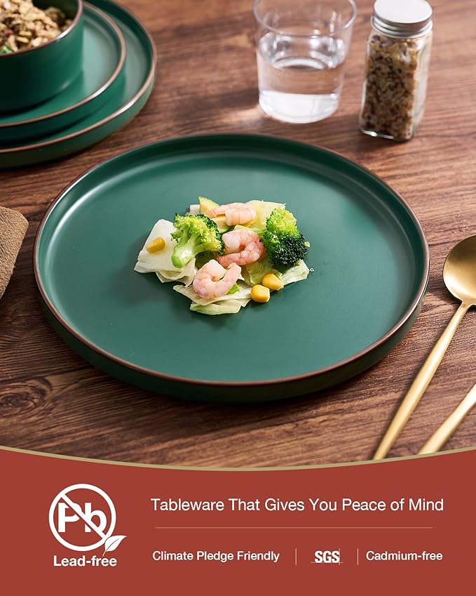 Famiware Nebula Ridge Stoneware Dinnerware Sets, Plates and Bowls Sets for 4, 12 Pieces Dishes Set, Microwave and Dishwasher Safe Kitchen Plates, Dark Green