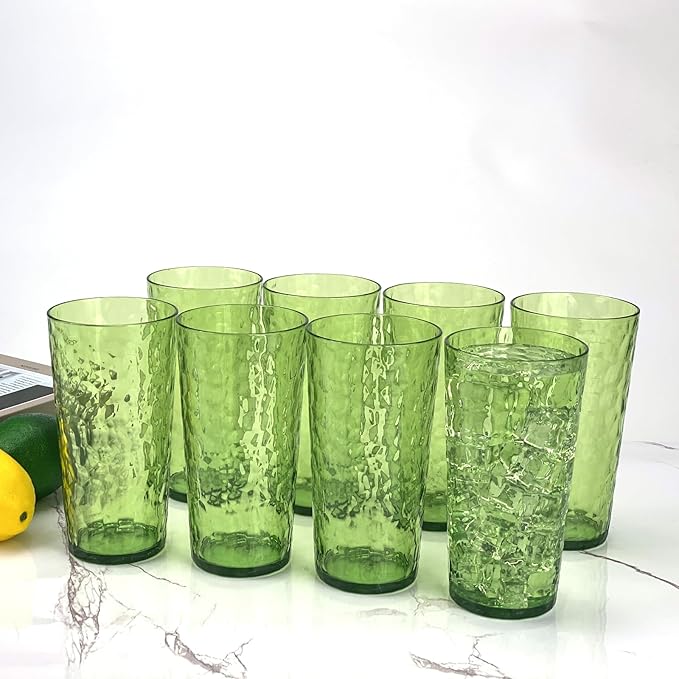 Yalin 24-Ounce Plastic Tumbler Acrylic Drinking Glasses, Reusable Plastic Cups, Stackable, BPA-Free, Shatter Proof, Dishwasher Safe, Set of 8 (Green)