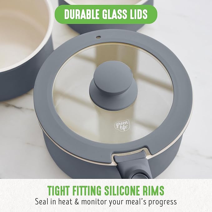 GreenLife 10 Piece Nonstick Pots & Pans Set, Detachable Handle & Stackable Cookware Set, Non Toxic PFAS-Free Skillets, Induction Kitchen Pans, Space Saving, Serving Bowls, Oven Safe, Graphite