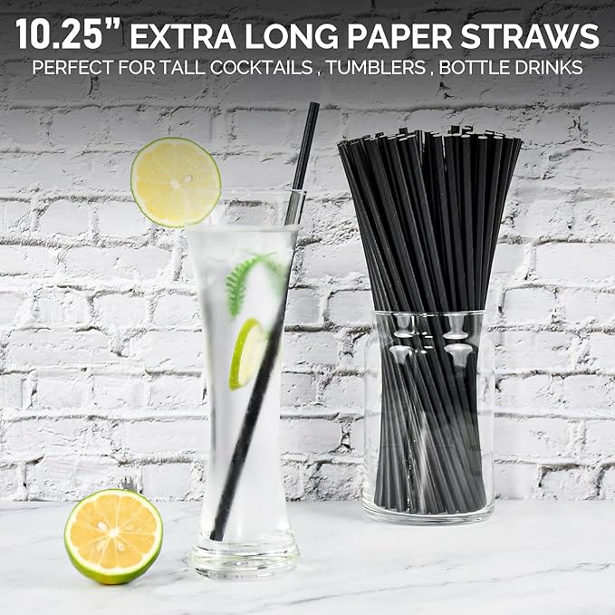 10 inch Long Disposable Black Paper Cocktail Straws & Stirrer Sticks, 250 Counts, Unwrapped - for Tall Drinks, Bars and Restaurants