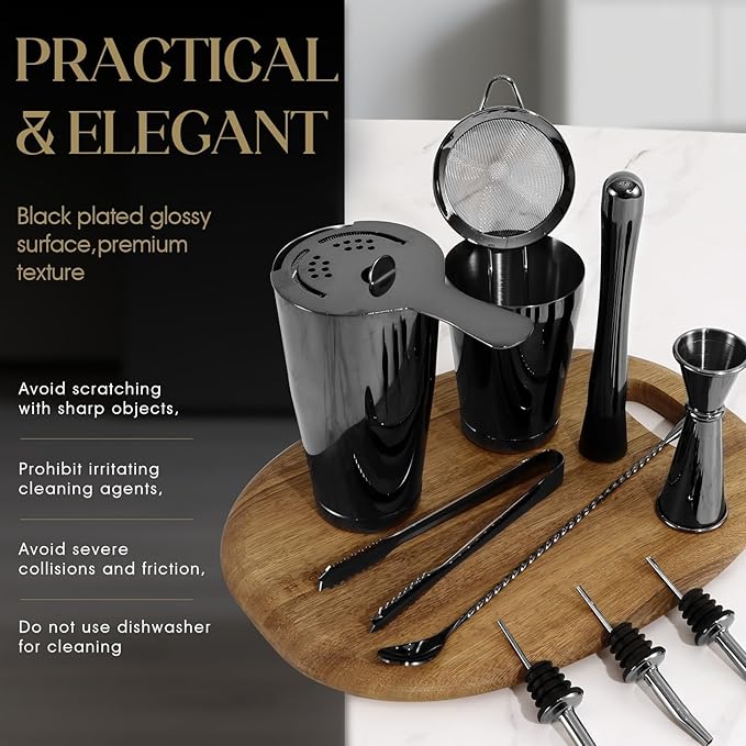 Black Cocktail Shaker Set 12-Piece - Stainless Steel Mixology Bartender Kit with 30oz+20oz Boston Shaker Tins, Japanese Jigger, Hawthorne Strainer and Bar Set for Home Bartending | Housewarming Gift