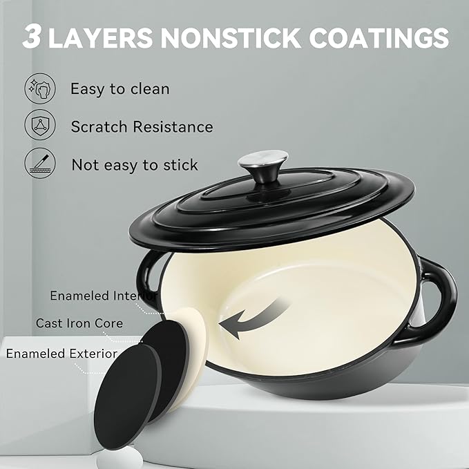 Oval Dutch Oven for Bread Baking, 4.5 Quart Non Stick Enameled Cast Iron Dutch Oven Pot with Lid, Oven Safe Oval Casserole with Lid up to 500°F for Baking, Braising, Stews, Roasting (Black)