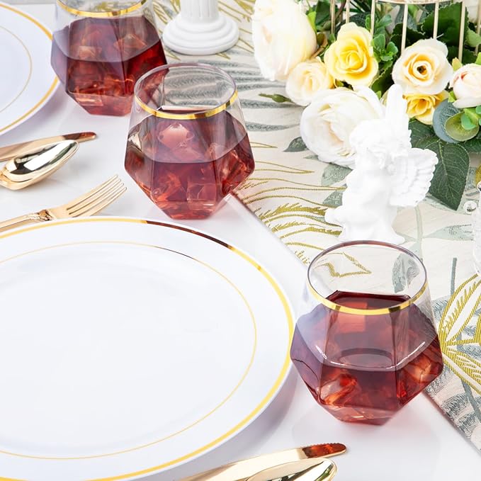 LUODA Gold Diamond Shaped Plastic Stemless Wine Glasses Set of 24, Disposable 12 Oz Gold Plastic Whiskey Glasses for Birthday, Housewarming and Weddings