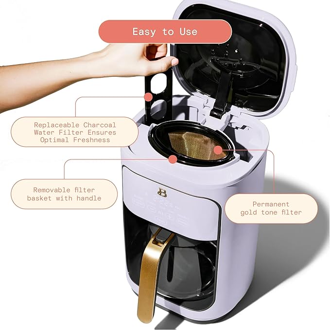 Beautiful by Drew Barrymore 14 Cup Programmable Drip Coffee Maker, Touch-Activated Display, Fast 14-Min Brew, Bold Strength, Keep Warm 4hrs (Lavender)